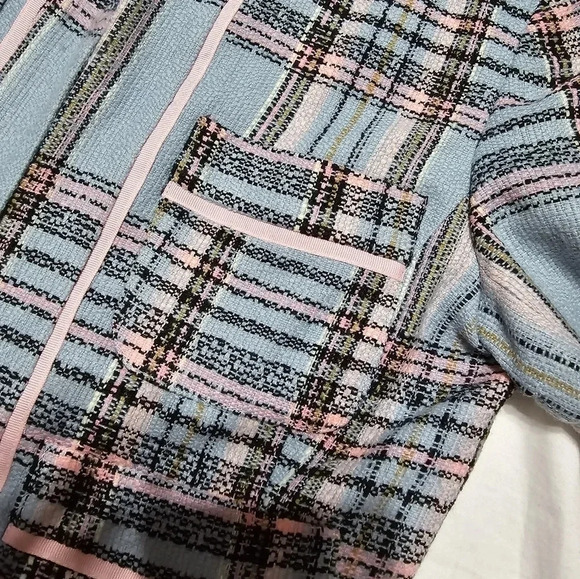 View Cropped Tweed Blazer/Dress Jacket, Light Blue/Pink Plaid, Lined, Sz 6, EUC! - Picture 9 of 14